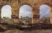 View through three northwest arches of the Colossum in Rome,Storm gathering over the city